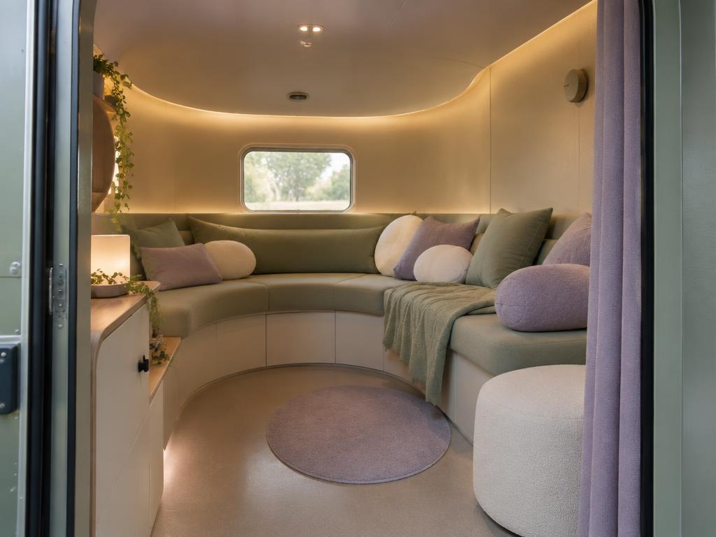 Concept visualization of a softly lit cocoon-like calm area in a mobile environment