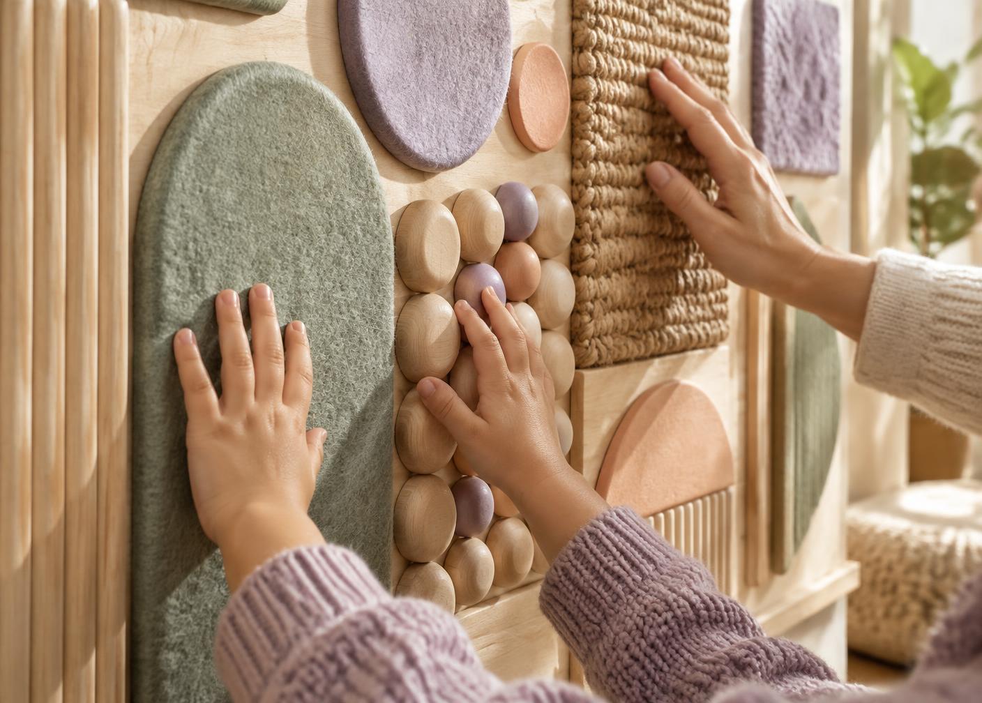 Hands exploring natural tactile materials together